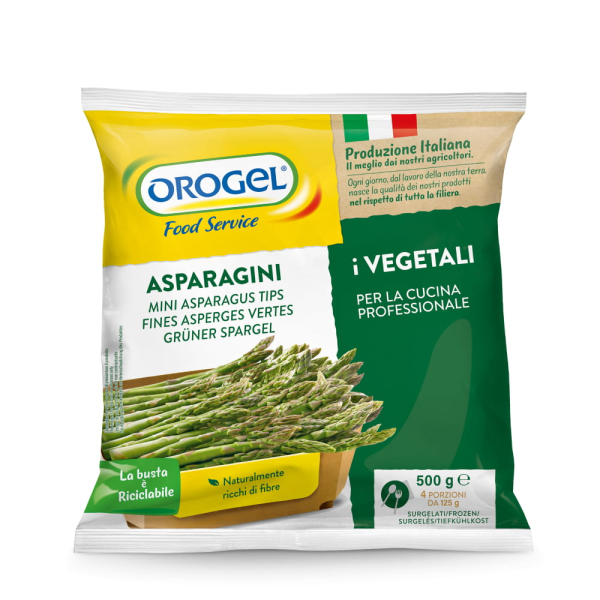 Confezione di asparagini verdi surgelati Orogel Food Service, 100% italiani, in busta da 500 g per uso professionale. Venduto da Orobica Food