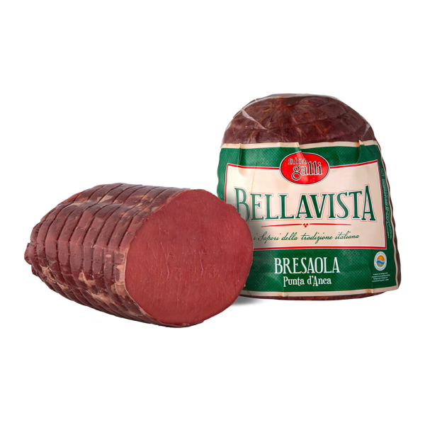 Bresaola Bellavista di punta d’anca di manzo tagliata a metà, confezionata sottovuoto. Venduto da Orobica Food.