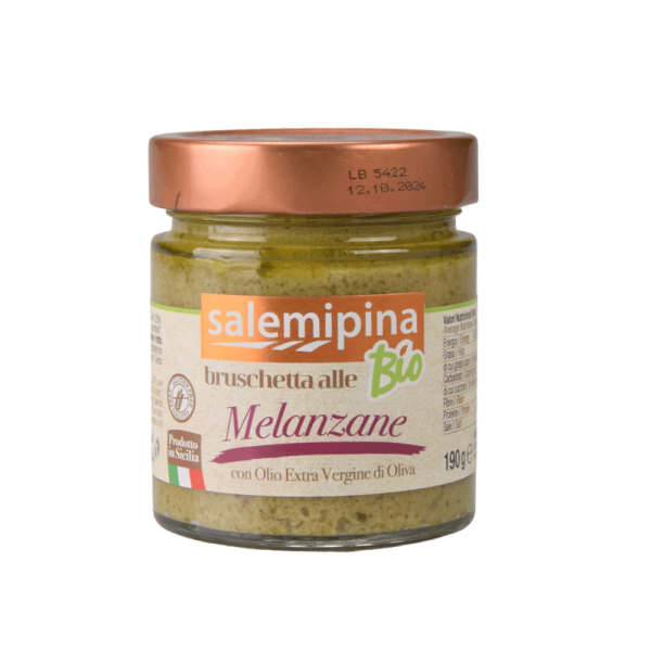 Vasetto di vetro contenente la salsa alle melanzane per condire le bruschette. Venduto da Orobica Food.
