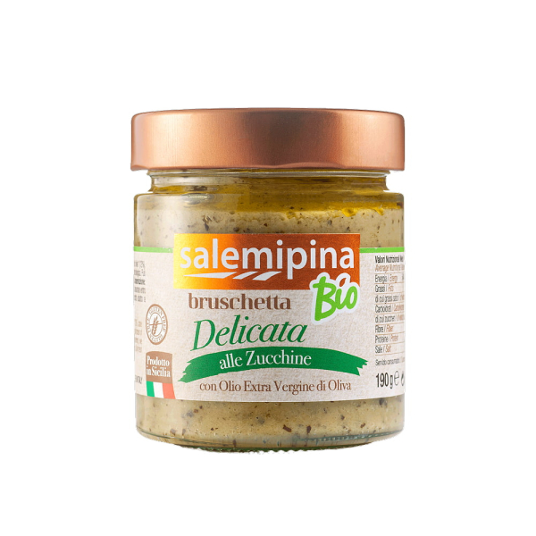 Vasetto di vetro contenente la salsa alle zucchine per condire le bruschette. Venduto da Orobica Food.