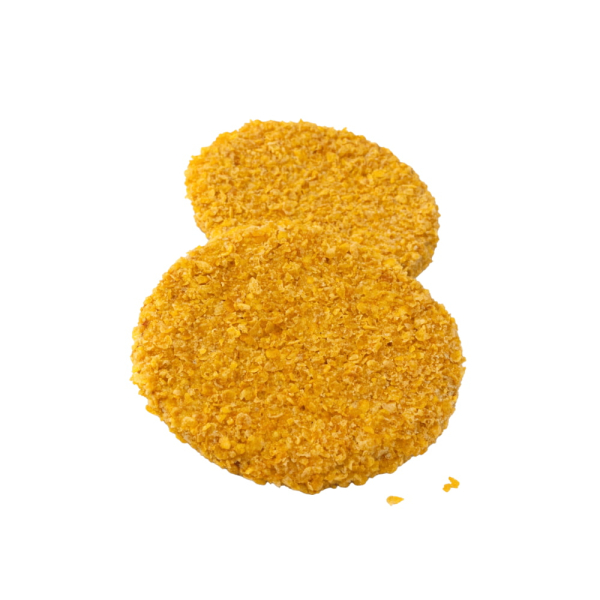 Burger panati dalla forma rotonda e regolare, ricoperti da una panatura spessa e croccante con texture rustica e dorata. Venduto da Orobica Food.