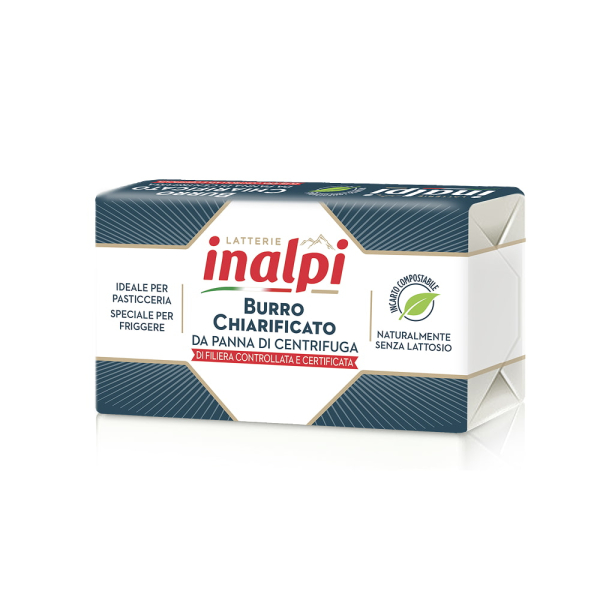 Panetto di burro chiarificato Inalpi da 250 g, di colore giallo intenso, con confezione rettangolare. Venduto da Orobica Food.