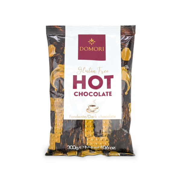 Preparato in polvere per cioccolata calda fondente Domori gluten free in busta da 300g, venduto da Orobica Food.