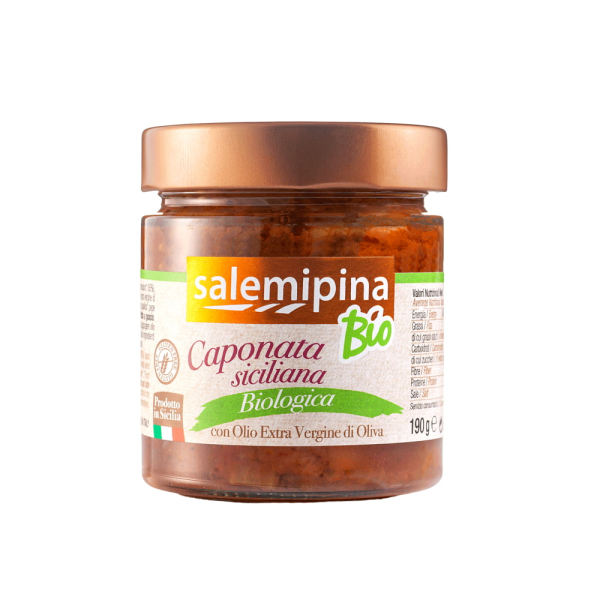 Vasetto di vetro contenente la caponata siciliana, biologica, con olio extravergine d'oliva. Venduto da Orobica Food.