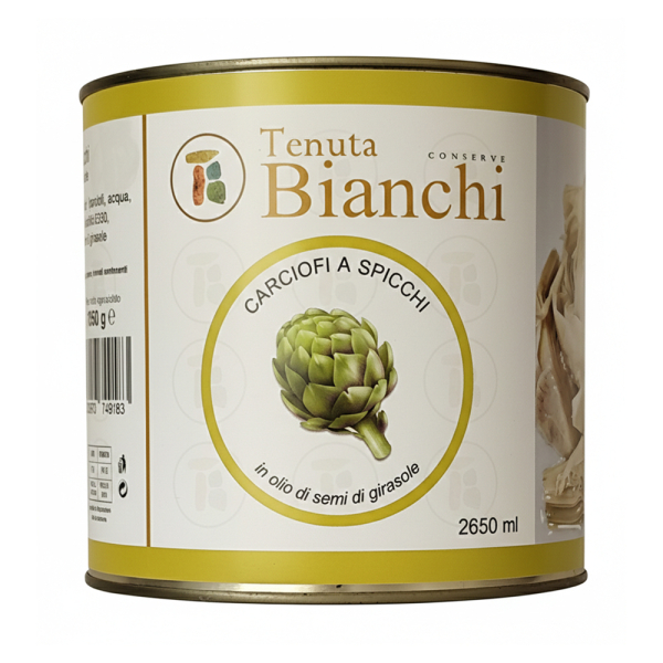 Carciofi a spicchi Tenuta Bianchi in olio di semi di girasole 100% italiani, ideali per antipasti, pizze, focacce, insalate e preparazioni gastronomiche. Venduto da Orobica Food.