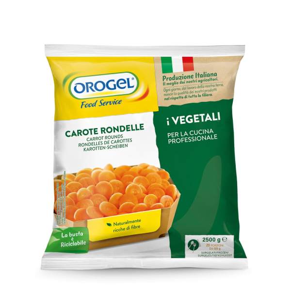 Confezione Orogel Food Service di carote a rondelle surgelate, formato da 2,5 kg per uso professionale. Venduto da Orobica Food.