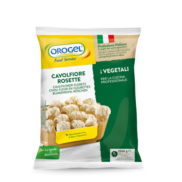 Busta Orogel Food Service di cavolfiore a rosette IQF surgelato, pratico e versatile per la cucina professionale. Venduto da Orobica Food.