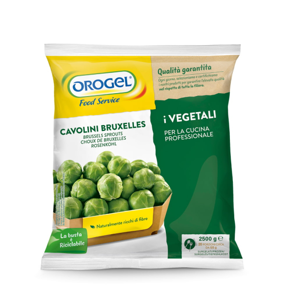 Busta Orogel Food Service di cavolini di Bruxelles surgelati, naturalmente ricchi di fibre, perfetti per contorni e piatti caldi. Venduto da Orobica Food.