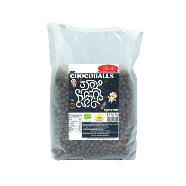 Cereali biologici in piccole sfere dalla superficie uniforme e compatta, con aspetto croccante e colore intenso. Confezionati in grande busta trasparente che lascia ben visibile il contenuto. Venduto da Orobica Food.