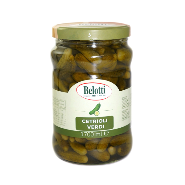 Vaso Belotti di cetrioli verdi in aceto da 1700 ml, croccanti e saporiti, ideali per contorni e preparazioni fredde. Venduto da Orobica Food.