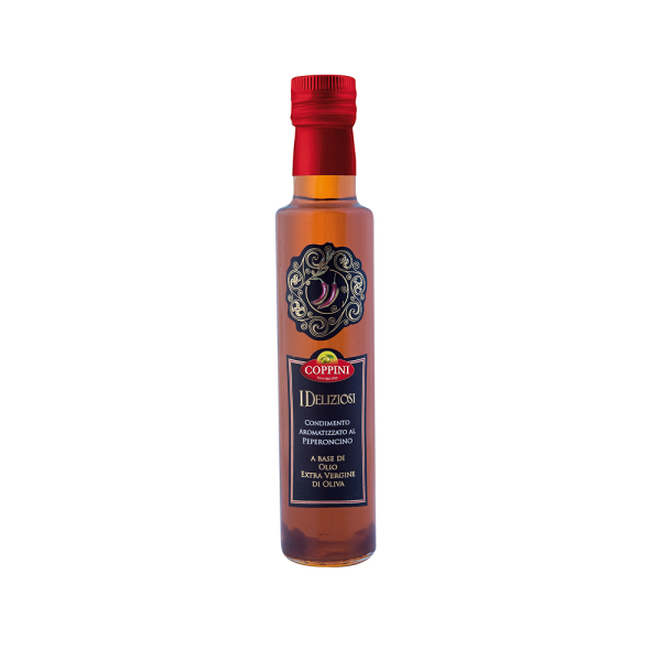 Bottiglia di vetro di condimento a base di olio extravergine di oliva aromatizzato al peperoncino Coppini. Formato 250 ml, venduto da Orobica Food.