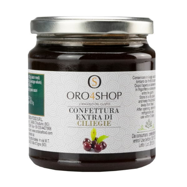 Vasetto Oro4Shop di confettura extra di ciliegie, ricca e aromatica, ideale per dessert, crostate e abbinamenti gourmet. Venduto da Orobica Food.