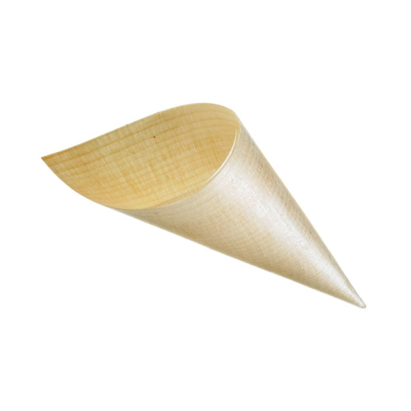 Cono in legno monouso dal design naturale, leggero e resistente, ideale per il servizio di finger food, fritti e snack in contesti professionali come catering ed eventi. La forma conica facilita la presa e valorizza la presentazione delle preparazioni. Ve