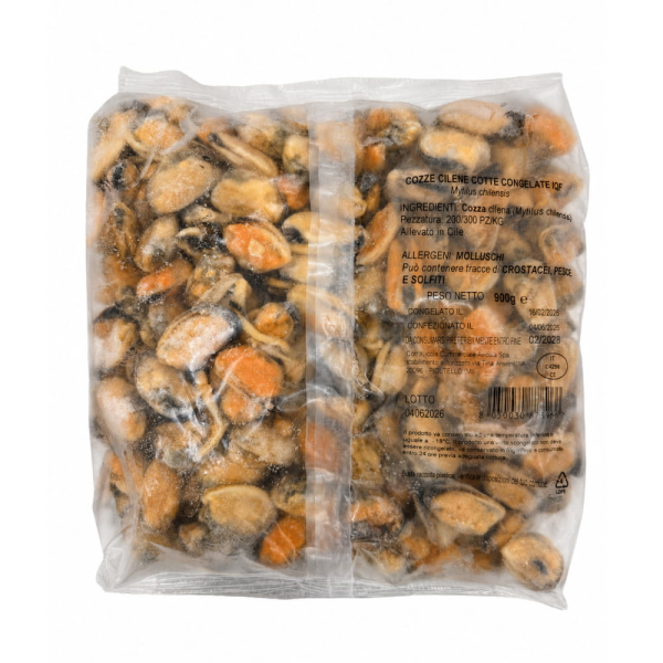 Sacchetto di cozze cilene cotte congelate iqf venduto da Orobica Food.