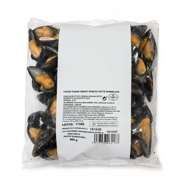 Sacchetto di cozze cilene con mezzo guscio cotte surgelate, venduto da Orobica Food