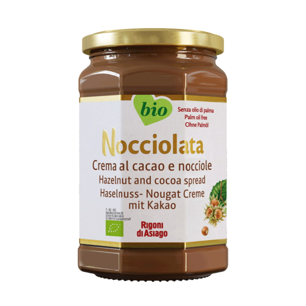 Barattolo di crema spalmabile biologica Nocciolata Rigoni di Asiago, a base di cacao e nocciole, senza olio di palma, dal gusto ricco e avvolgente. Venduto da Orobica Food.
