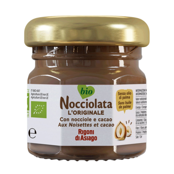 Vasetto di crema Nocciolata L’Originale biologica con cacao e nocciole Rigoni di Asiago, texture morbida e sapore equilibrato, ideale da spalmare. Venduto da Orobica Food.