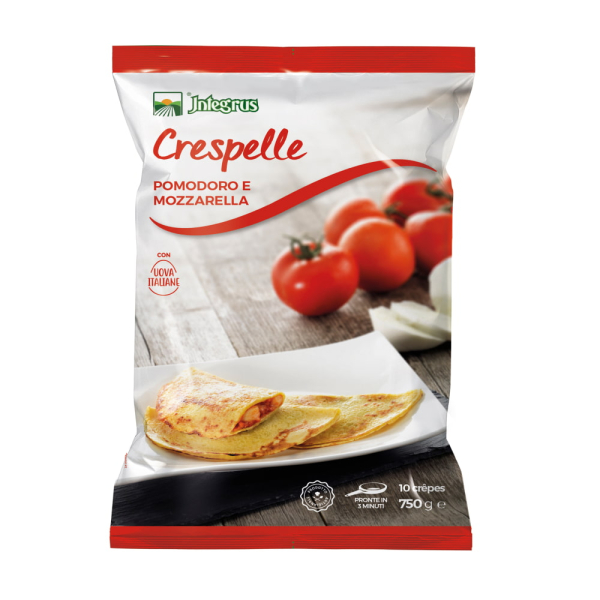Busta di crespelle caprese al pomodoro e mozzarella. Venduto da Orobica Food.