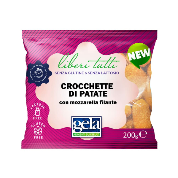 Busta da 200g contenente le crocchette di patate con mozzarella filante. Venduto da Orobica Food.