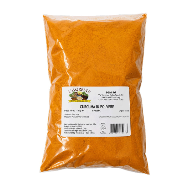 Curcuma in polvere dalla consistenza finissima e vellutata, caratterizzata da colore intenso e texture uniforme senza grumi evidenti. Confezionata in pratica busta trasparente. Venduto da Orobica Food.