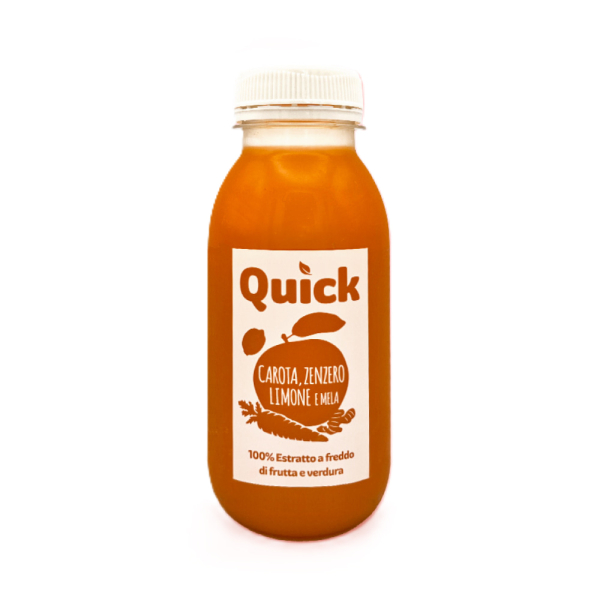 Estratto a freddo Quick carota, zenzero, limone e mela, bevanda naturale 100% frutta e verdura dal gusto fresco e bilanciato. Venduto da Orobica Food.