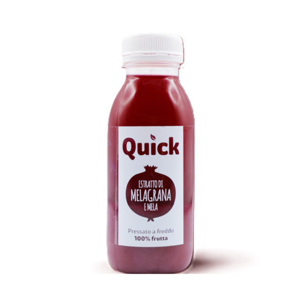 Estratto a freddo Quick melagrana e mela, bevanda 100% frutta dal sapore intenso e leggermente acidulo. Venduto da Orobica Food.