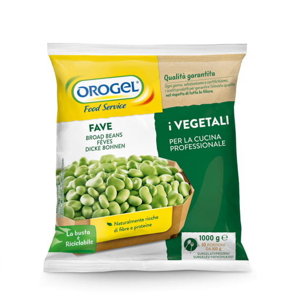 Busta Orogel Food Service di fave surgelate, ricche di fibre e proteine, ideali per contorni e ricette tradizionali. Venduto da Orobica Food.