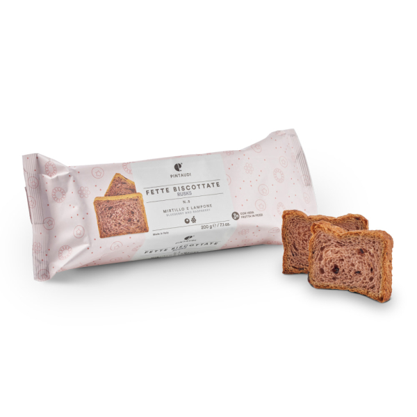 Fette biscottate Pintaudi numero cinque mirtilli e lamponi in confezione da 200g con fette a vista, venduto da Orobica Food.