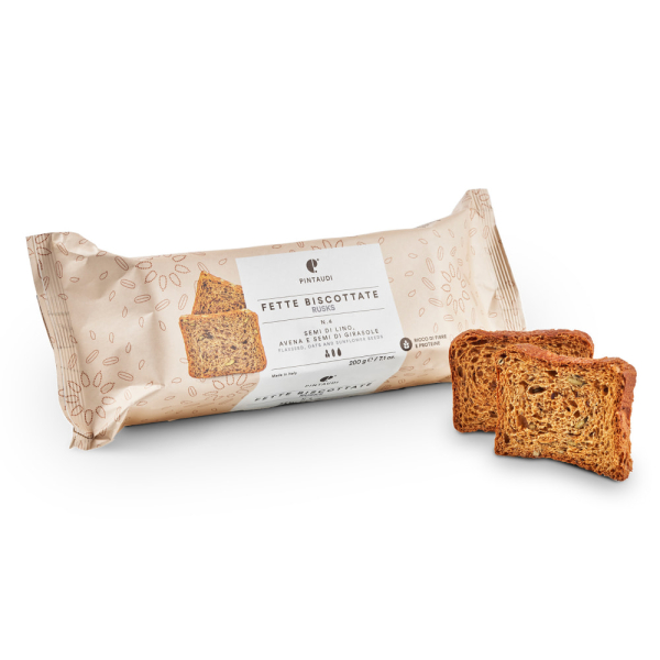 Fette biscottate Pintaudi numero quattro con semi di lino, avena e semi di girasole in confezione da 200g, venduto da Orobica Food.