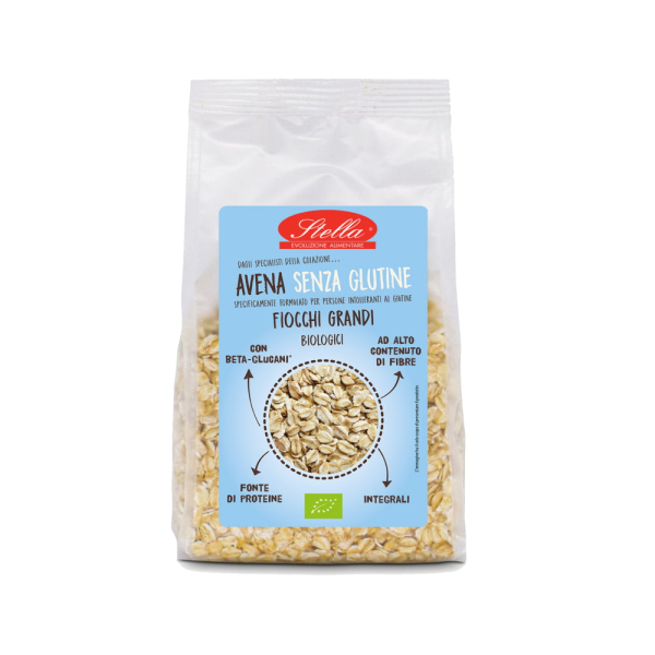 Fiocchi di avena biologici senza glutine dalla forma ampia e appiattita, con consistenza rustica e naturale. Il packaging trasparente permette di vedere chiaramente la texture integrale del prodotto. Venduto da Orobica Food.