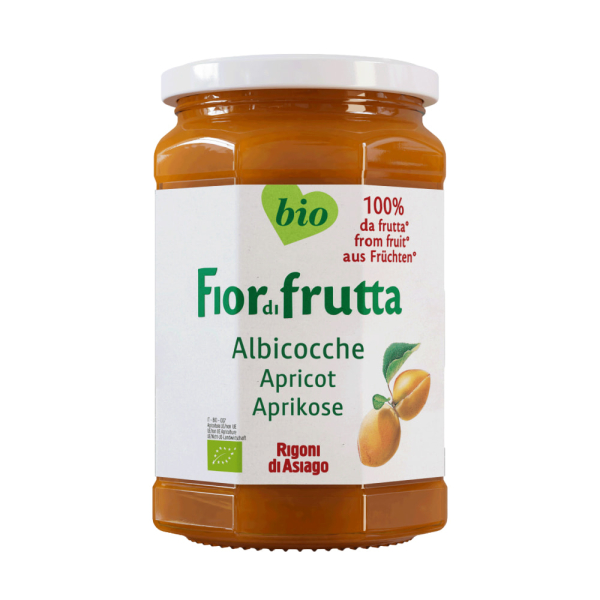 Vasetto di confettura biologica Fiordifrutta all’albicocca Rigoni di Asiago, composta 100% da frutta, dal gusto dolce e naturale. Venduto da Orobica Food.