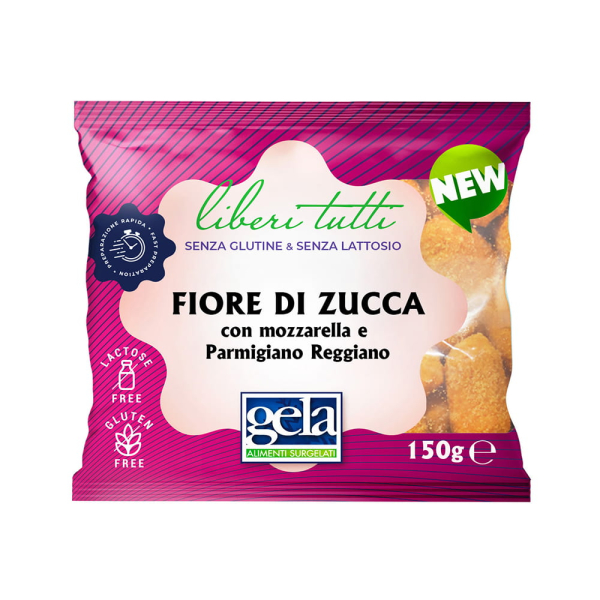 Busta contenente fiori di zucca con mozzarella e Parmigiano Reggiano, senza glutine e senza lattosio. Venduto da Orobica Food.