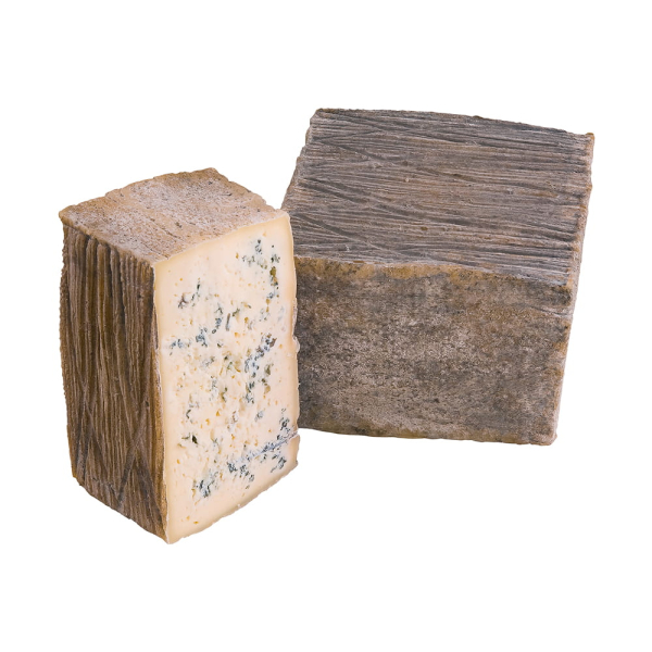 Pezzo di formaggio erborinato di bufala da 4 kg, parallelepipedo a base quadrata. Accanto, un pezzo tagliato a metà mostra l'interno cremoso, chiaro con venature blu e piccole cavità. La crosta è grigio-ambrata, asciutta e rigata. Venduto da Orobica Food.