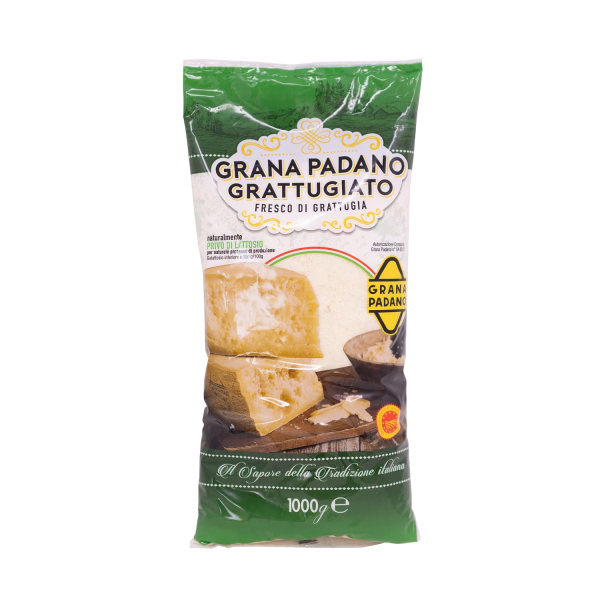 Busta da 1000 g contenente Grana Padano DOP grattugiato, con formaggio grattugiato di colore giallo chiaro. Venduto da Orobica Food.