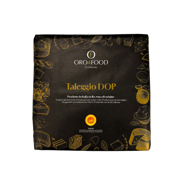 Confezione quadrata di Taleggio DOP Oro4Food con packaging nero. Venduto da Orobica Food.