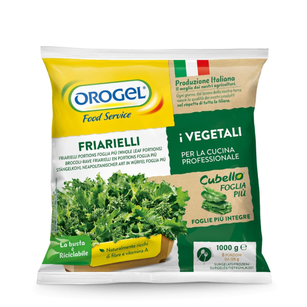 Busta Orogel Food Service di friarielli in foglia porzionati surgelati, 100% italiani, perfetti per ricette tipiche e contorni saporiti. Venduto da Orobica Food.