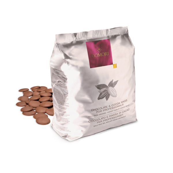 Confezione di gocce di cioccolato fondente professionale Domori per pasticceria e gelateria professionale, venduto da Orobica Food.