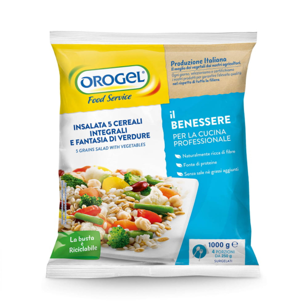Insalata ai 5 cereali integrali e fantasia di verdure surgelata Orogel Food Service, mix equilibrato ricco di ingredienti per piatti sani e completi. Venduto da Orobica Food.