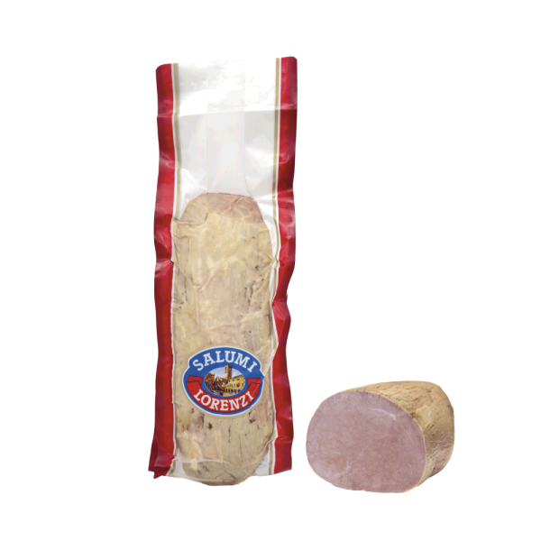 Magatello di bovino cotto confezionato sottovuoto, mostrato intero e a metà con interno rosato, marchio Salumificio Lorenzi. Venduto da Orobica Food.