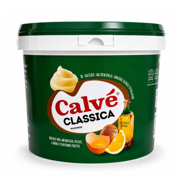 Secchio di maionese classica Calvè, ideale per antipasti, pesce,carne e patatine fritte con uova da allevamento a terra e olio di girasole; venduto da Orobica Food.