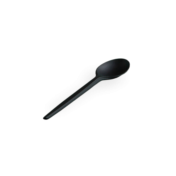 Mini cucchiaio nero in biopolimero compostabile, monouso, venduto da Orobica Food.