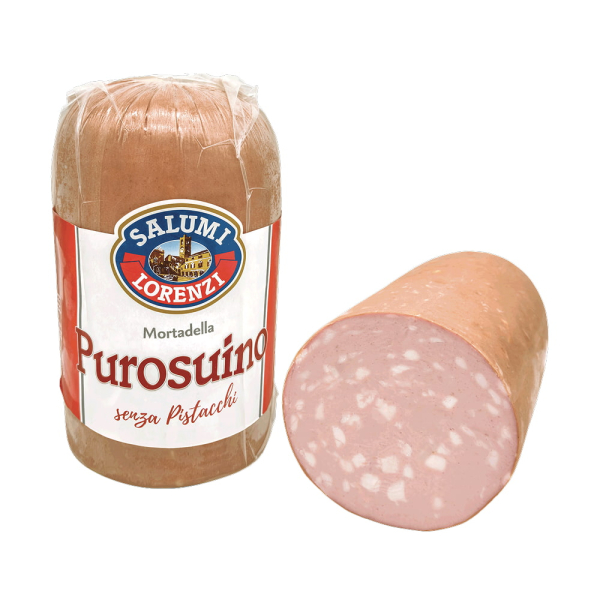 Mortadella Purosuino senza pistacchi Salumi Lorenzi, salume dal gusto delicato e dalla consistenza morbida ideale per panini, taglieri e antipasti. Venduto da Orobica Food.