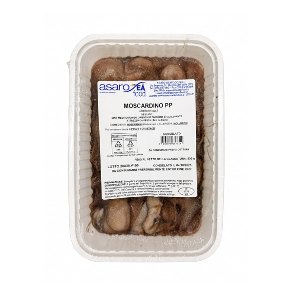 Vaschetta di moscardini peso pieno congelati, venduti da Orobcia Food