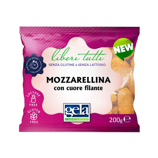 Busta contenente mozzarelline dal cuore filante, senza glutine e senza lattosio. Venduto da Orobica Food.