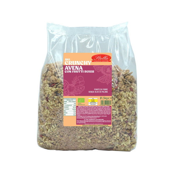 Mix biologico composto da fiocchi, cereali soffiati e piccoli pezzi visibili, dalla consistenza croccante e irregolare. La confezione trasparente mette in risalto varietà di forme e texture del prodotto. Venduto da Orobica Food.