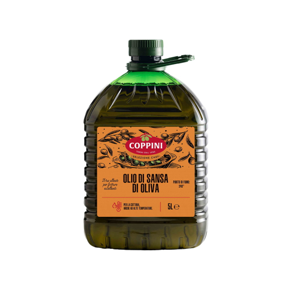 Tanica di plastica contenente olio di sansa di oliva Oleificio Coppini, colore giallo dorato. Venduto da Orobica Food.