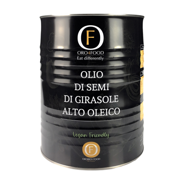 Latta da 20 litri di olio di semi di girasole alto oleico Oro4Food. Venduto da Orobica Food.