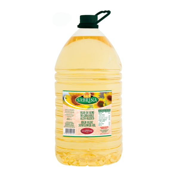 Tanica di plastica contenente olio di semi di girasole alto oleico Oleificio Coppini, colore giallo chiaro. Venduto da Orobica Food.