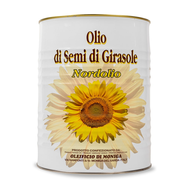 Olio di semi di girasole in latta, ideale per fritture leggere, preparazioni in cucina e condimenti dal gusto delicato. Venduto da Orobica Food.