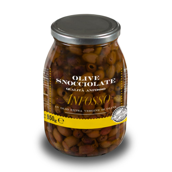 Olive denocciolate qualità Anfosso conservate in olio extravergine di oliva in barattolo. Venduto da Orobica Food.